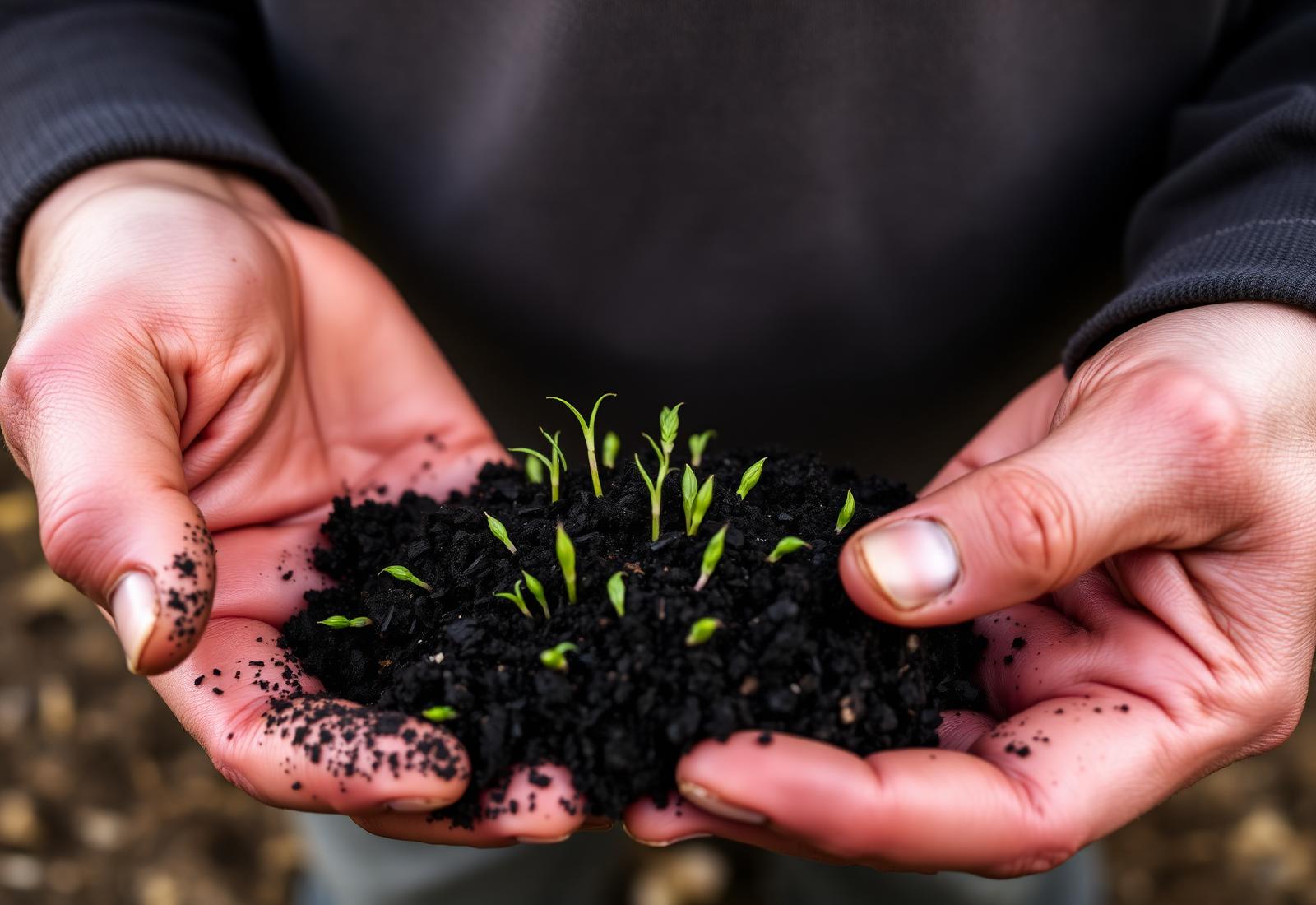 Händer som håller bördig jord med små gröna grodda plantor
